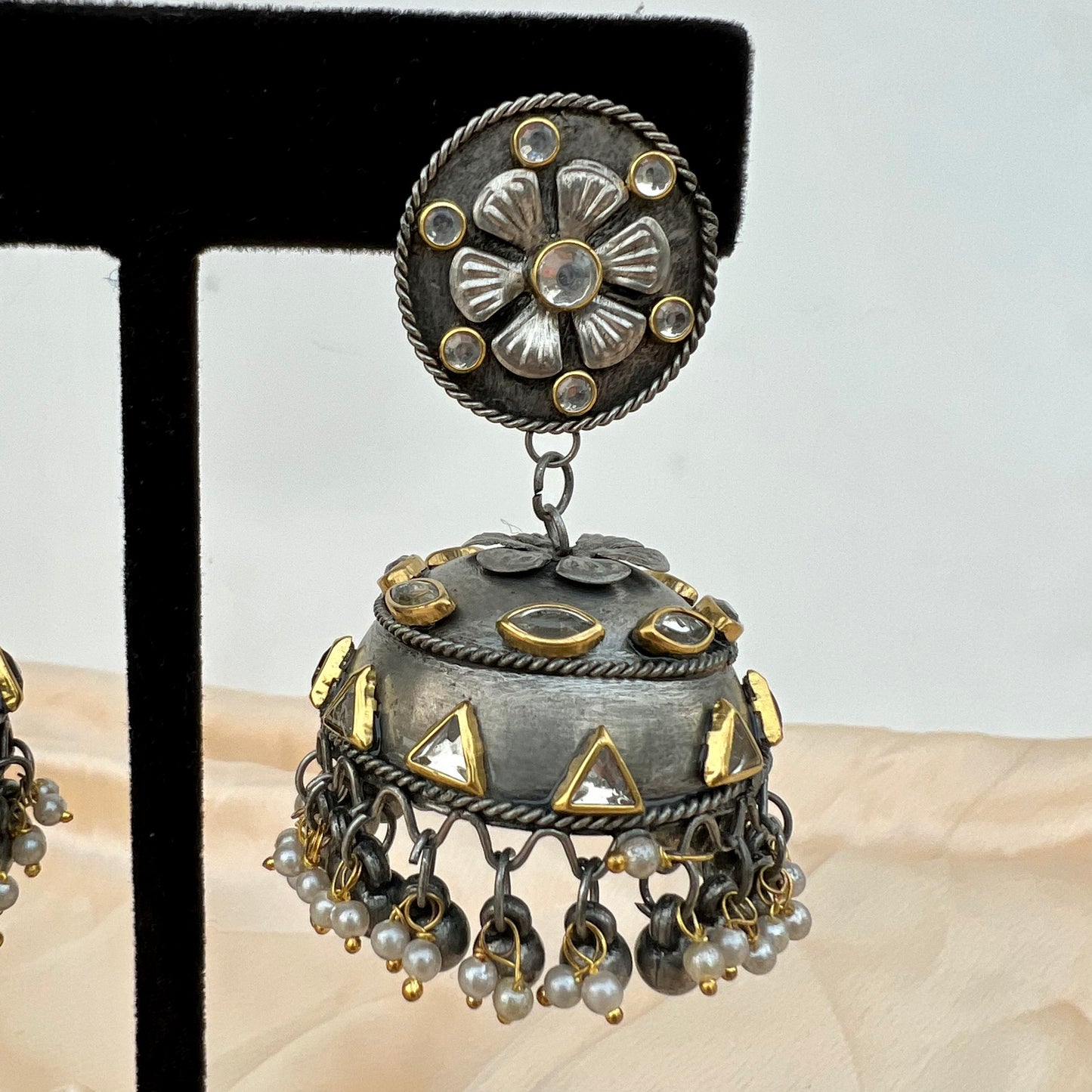 Lightweight Oxidised Floral Jhumka with Kundan