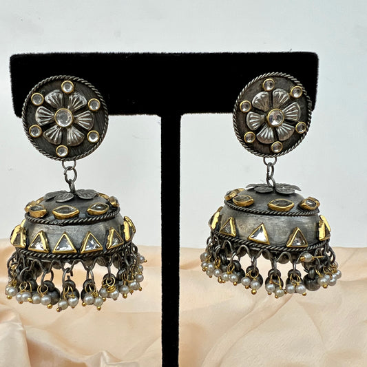 Lightweight Oxidised Floral Jhumka with Kundan