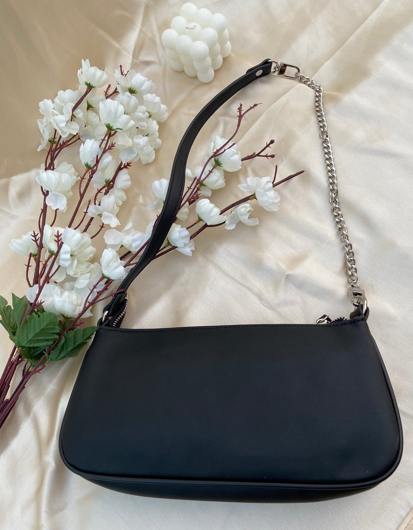 Solid Black Soft Matte Baguette Bag With Silver Hardware