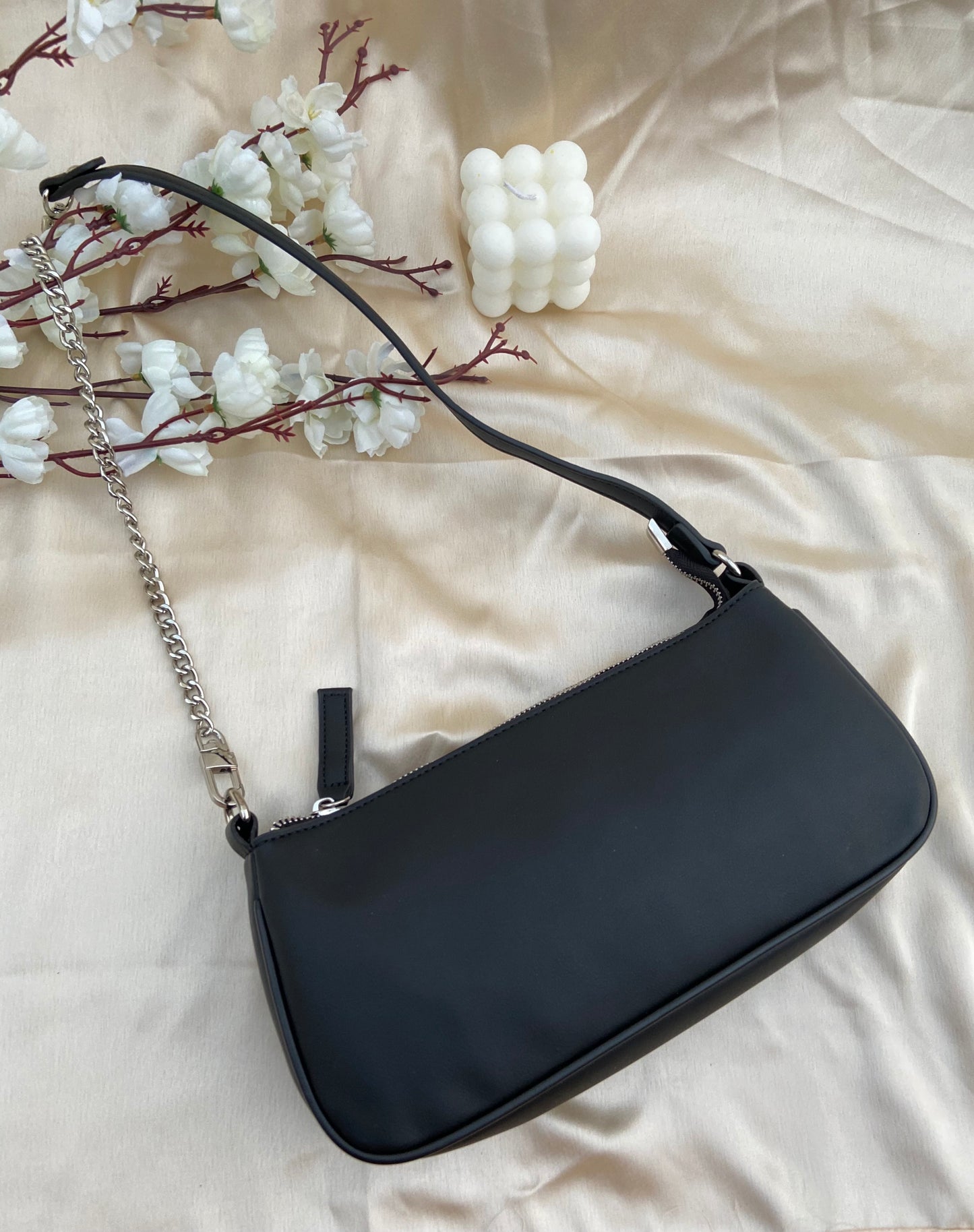 Solid Black Soft Matte Baguette Bag With Silver Hardware